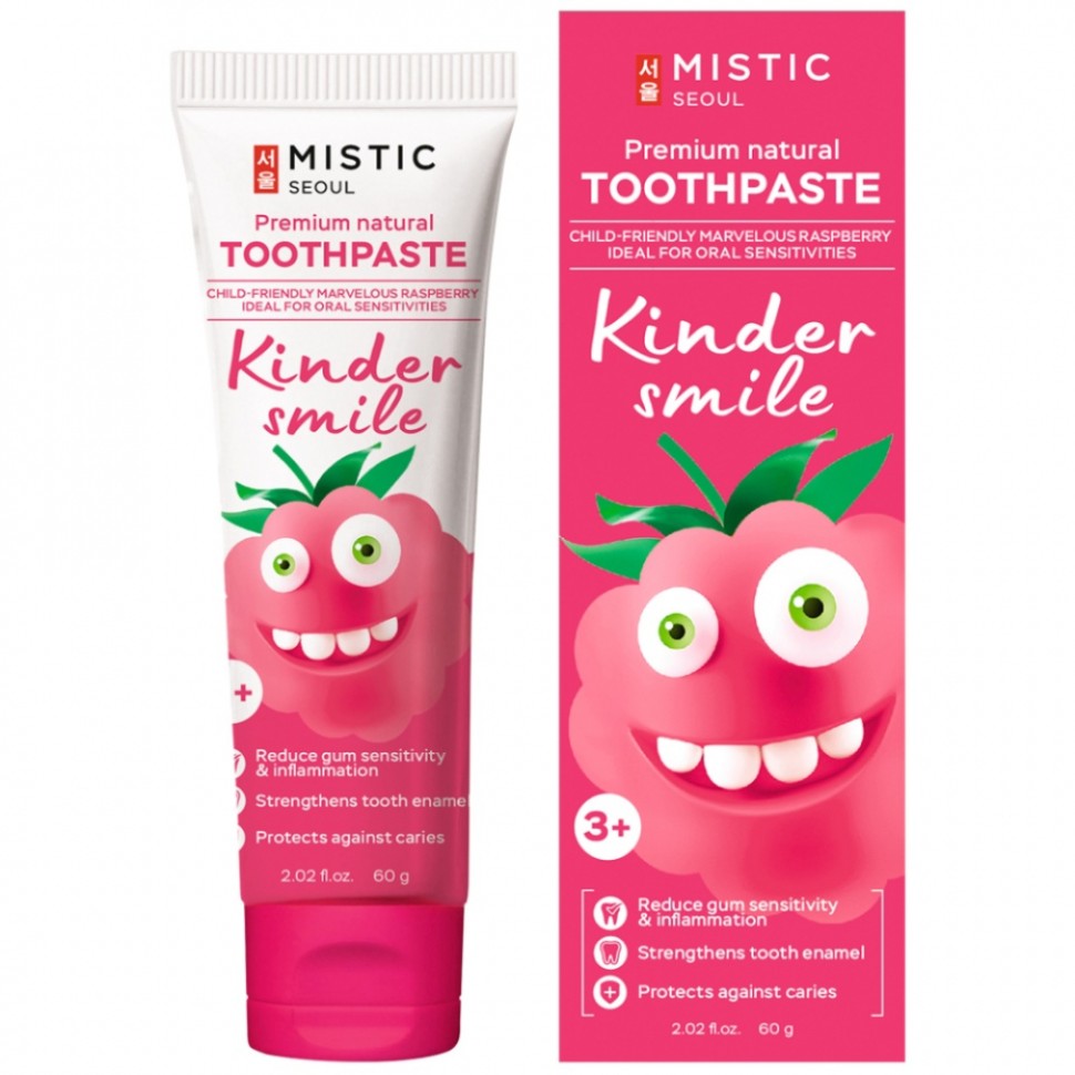 MISTIC Натуральная детская премиальная зубная паста KINDER SMILE «ЧУДЕСНАЯ МАЛИНКА» (3+) 60г