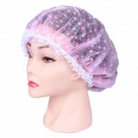 Шапочка DEWAL Beauty для душа с кружевом, белая с розовыми цветами