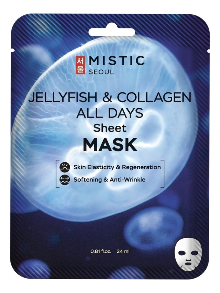 MISTIC Тканевая маска для лица с коллагеном медузы JELLYFISH COLLAGEN ALL DAYS Sheet MASK 24мл
