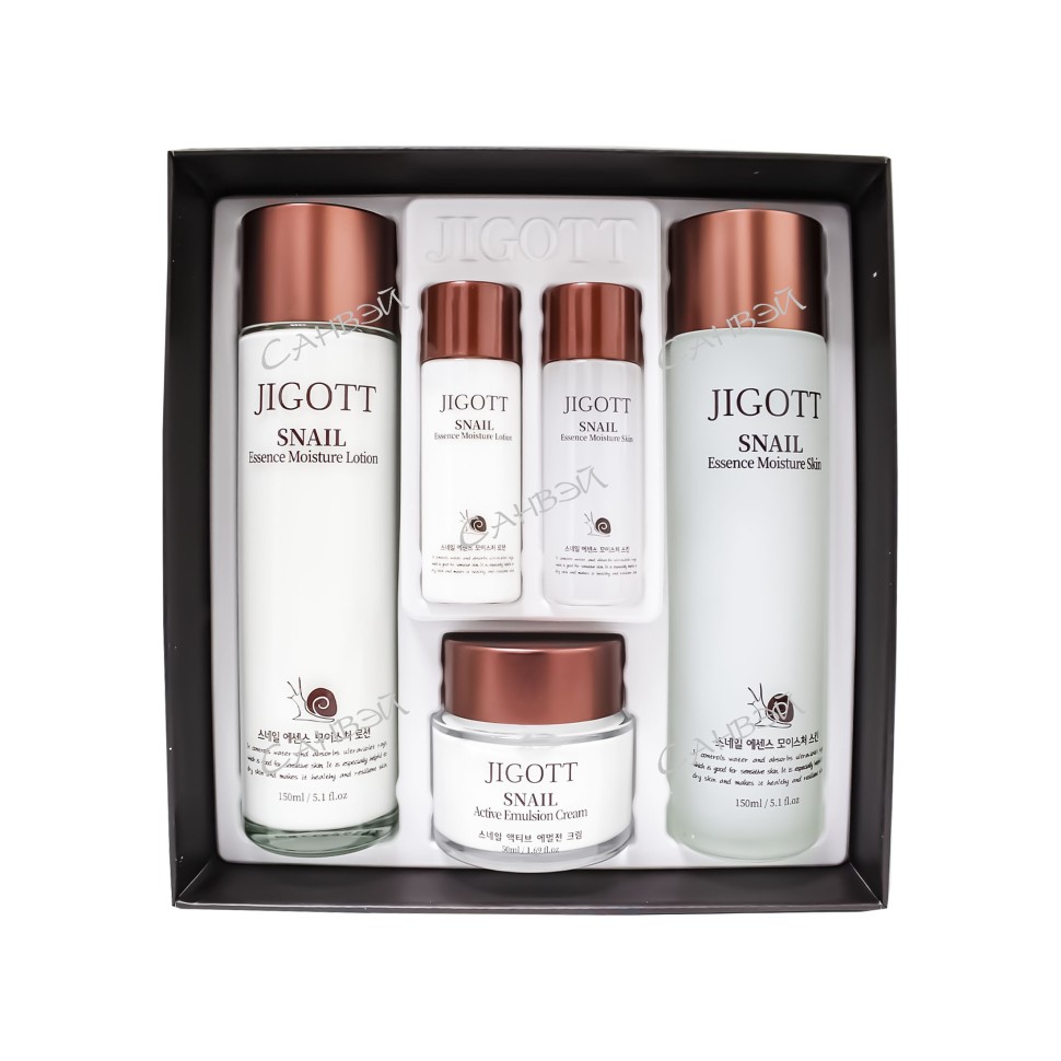 JIGOTT Набор: Увлажняющий тонер с муцином улитки, эмульсия-крем, лосьон, 150 мл+150 мл+50 мл+30 мл+30 мл