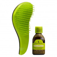 Macadamia набор Расческа для распутывания волос Зеленая+Уход восстанавливающий с маслом арганы и макадамии - No Tangle Brush Green Set 30 мл