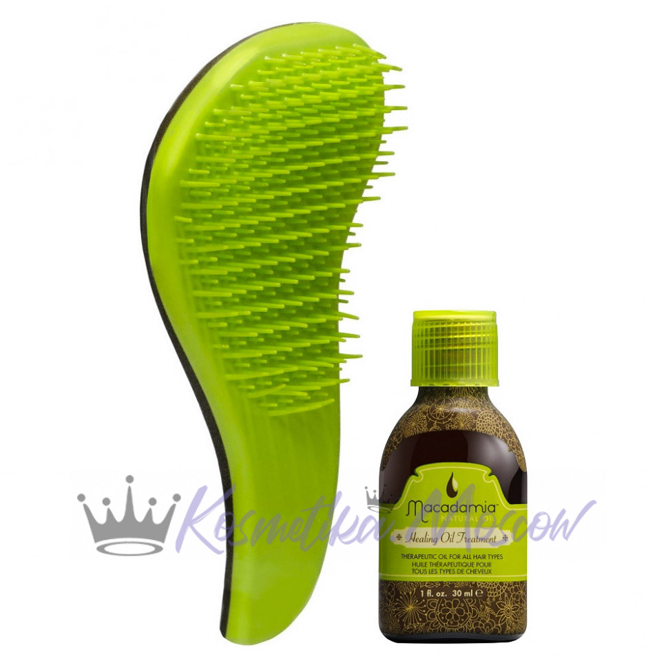 Macadamia набор Расческа для распутывания волос Зеленая+Уход восстанавливающий с маслом арганы и макадамии-No Tangle Brush Green Set 30 мл